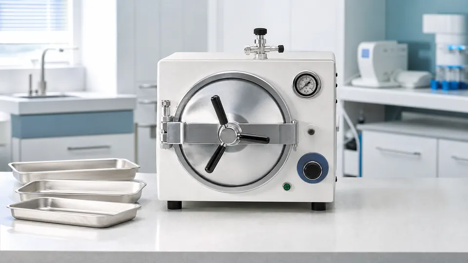 Generic compact manual tabletop steam sterilizer with three instrument trays